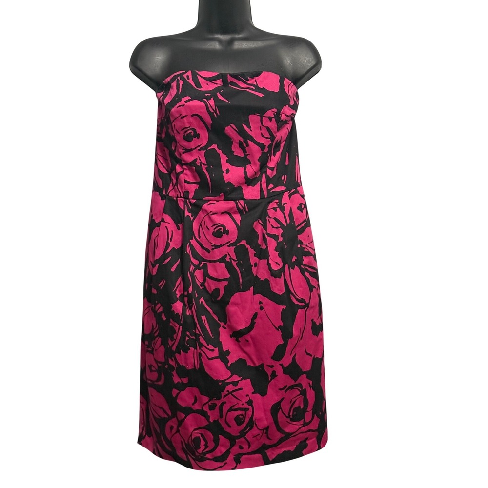 EXPRESS DESIGN STUDIO Floral Black / Pink Strapless Lined Pinched Chest Dress 10